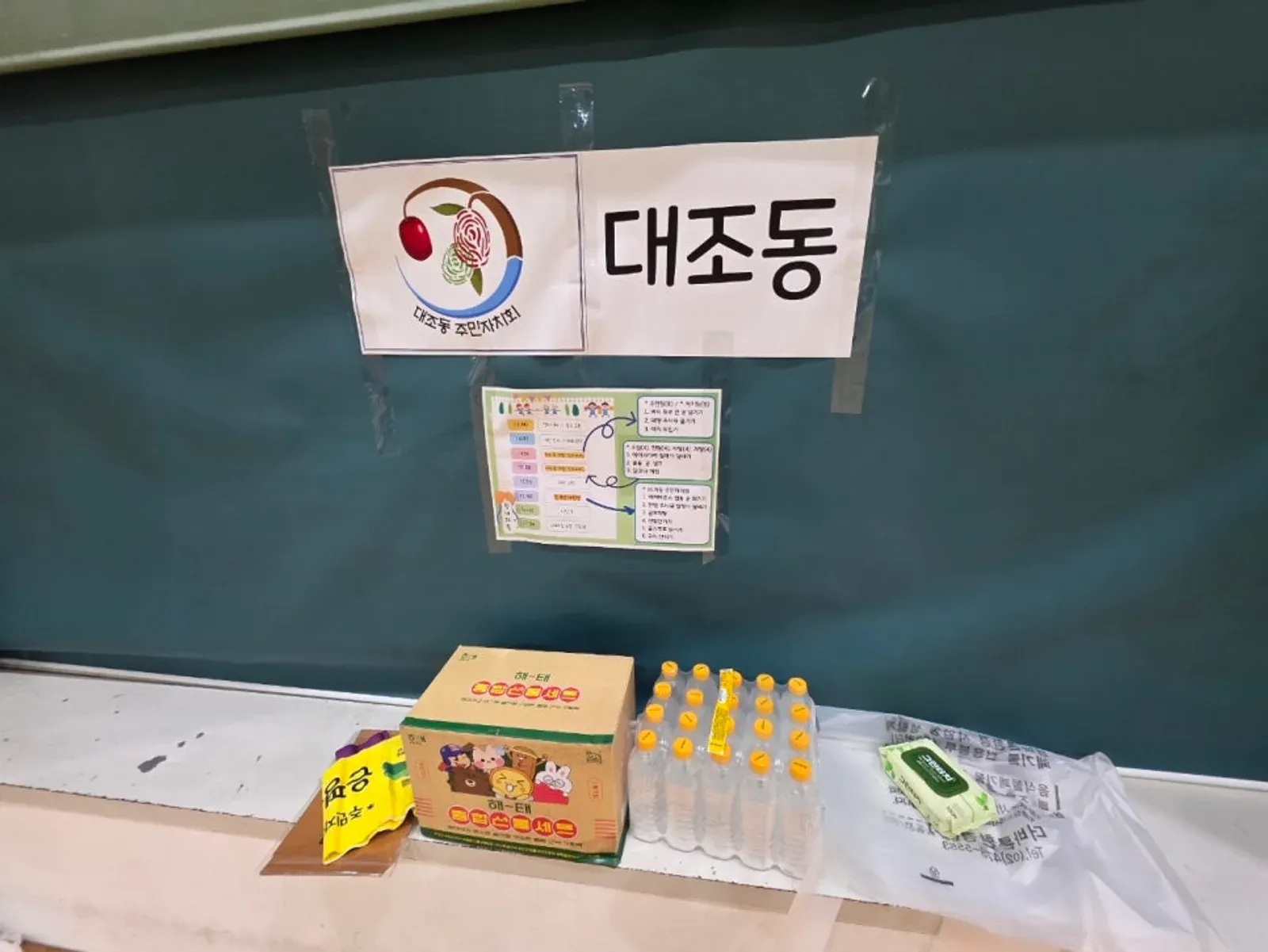 칠판에 동 이름표와 진행표를 붙이고 아래 간식 상자와 생수, 물티슈를 놓아 둔 팀 자리